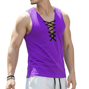 Camiseta sin mangas de streetwear para hombre al por mayor OEM, con logo personalizado, cuello en V con cordones frontales, top casual de verano, camisetas sin mangas a granel para hombre - Product Image 1