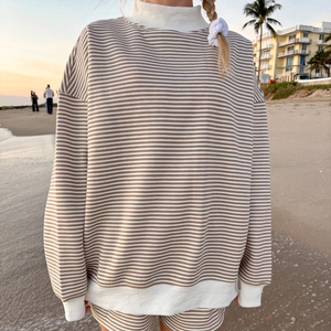 Custom Logo Printed Letter Winter Women's Striped Mock Neck Knitted Oversized Long Sleeve Pullover Sweatshirt - Product Image 2