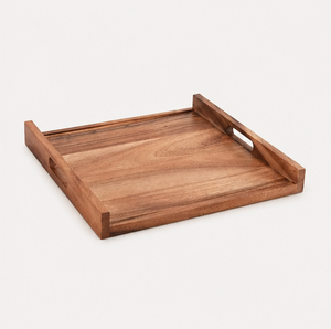 Custom Logo Natural Acacia Wood Serving <b>Tray</b> With Cutout Handles Durable Square Wooden Platter For <b>Breakfast</b> Coffee Table - Product Image 1