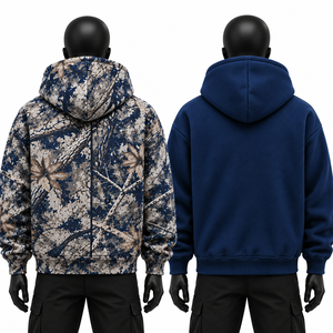 Sweat à capuche réversible personnalisé motif feuille, intérieur polaire bleu marine, poche avant, vêtement d'hiver, fournisseur B2B en gros USA - Product Image 2