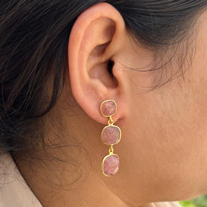 Exquisite genuine cherry quartz <b>drop</b> earrings cushion shaped smooth gemstone three tier gold plated accessories for women girls - Product Image 5