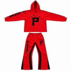 Conjunto Deportivo con Capucha Roja y Estampado Negro Unisex para Adultos, Sudadera y Pantalones de Poliéster de Manga Larga, Ropa Casual de Invierno - Product Image 1