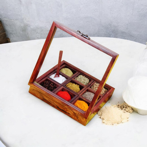 Wooden Eco-Friendly American Style Spice Container with Spoon Four Compartment Lattice Design Masala <b>Box</b> for Parties - Product Image 4