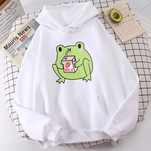 Sweat-shirt à capuche pour femme, imprimé mignon fraise lait grenouille, tendance professionnelle, décontracté, en polaire douce pour l'automne - Product Image 2