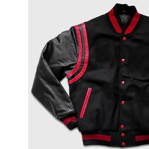 Blouson universitaire en gros noir et rouge à blocs de couleur, avec manches en cuir, col montant, boutonnage, style baseball, pour l'hiver - Product Image 4