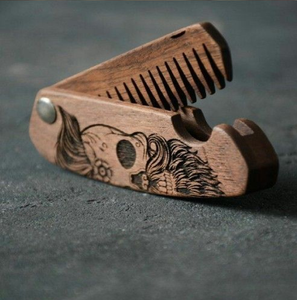 Peigne à barbe pliable en bois avec motif gravé et ouvre-bouteille intégré, disponible à prix de gros. - Product Image 1