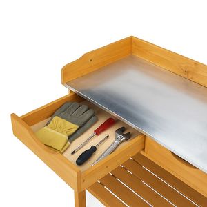 Tavolo da Lavoro per Orticoltura in Legno da Esterno con 2 Cassetti, Ripiano Portaoggetti e Piano in Metallo - Product Image 2