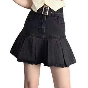Jupe en jean mini noire plissée taille haute pour femme, design personnalisé, style streetwear quotidien, OEM ODM, vente en gros - Product Image 1