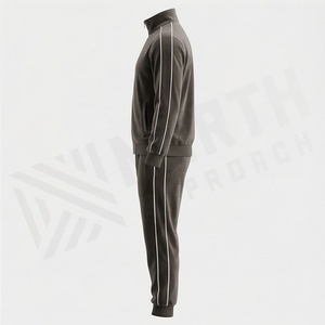 Men's Dark Gray <b>Velour</b> <b>Tracksuit</b> Full Zip Stand Collar Solid Color Casual Sportswear With Side Pockets Autumn Wear - Product Image 3