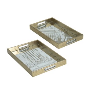 Rectangular <b>Mirrored</b> Storage <b>Trays</b> With Wood Frame And Engraved Design Classic Style For Tabletop Use 2 Pack - Product Image 3