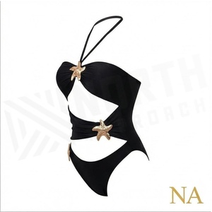 Women's Black One-Piece Swimsuit With Gold Starfish Cut-Out Design <b>Crossed</b> Halter Neckline High Waist Bandeau Style - Product Image 3