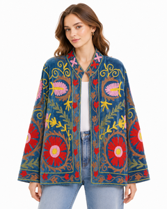 Chaqueta de Terciopelo Bordada para Mujer, Cuello Mandarín, Manga Farol, Estilo Bohemio Floral, Abrigo de Otoño, Patrón Suzani Hecho a Mano - Product Image 1