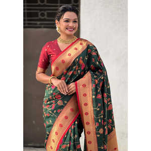 Vestidos de Noche Elite Weaves, Sari Tejido en Seda Paithani Jaal Verde Botella con Zari - Product Image 2