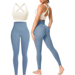 Ensemble de leggings de yoga taille haute couleur unie avec soutien-gorge de sport à bretelles croisées, sans couture, longueur intégrale, en Spandex et Polyester, 2 pièces - Product Image 1