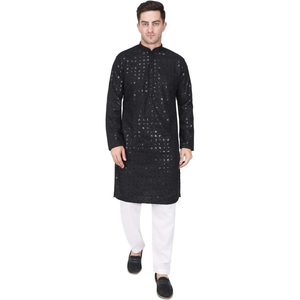 Premium <b>Men's</b> Sequined Embroidered <b>Kurta</b> Pajama Set | 100% Rayon Mandarin Collar Long Sleeve Indian Ethnic Traditional Festive - Product Image 1