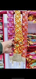Handcrafted Rajasthani Patola Print Stoles Geometric Motifs and Traditional Elephant Patterns Golden <b>Gota</b> Patti Border - Product Image 3