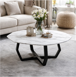 Mesa de Centro Moderna para Sala de Estar con Estructura Metálica Resistente y Patas Negras Abstractas - Product Image 1