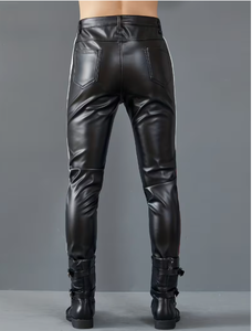 <b>Men</b> <b>s</b> High Waist PU Coated Moto Pants With Side Stripe Zipper Fly Black leather look pants faux leather pants PU leather <b>trouser</b> - Product Image 6