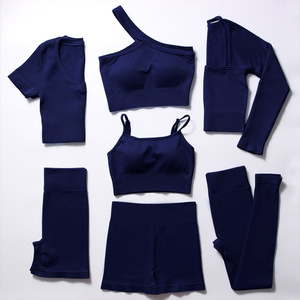 Conjunto de Yoga Acanalado Sólido para Mujer, 6 Piezas, Cintura Alta, Transpirable, Ropa Deportiva para Fitness, Azul, Spandex, Poliéster - Product Image 5