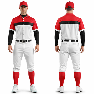 Custom Red White Baseball Uniform Men Button Jersey Pants Set Breathable Team Sportswear OEM Wholesale - Product Image 1