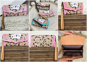 Portefeuille long à rabat en cuir véritable fait main OEM ODM, motif de jeu de cartes, motif floral rose mignon, pochette à main RFID sécurisée pour femmes - Product Image 3