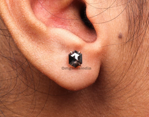 Ready To Ship 14K Gold Diamond Stud Earrings | Salt And Pepper Hexagon Diamond Earrings | Solitaire Earrings For Women - Product Image 5