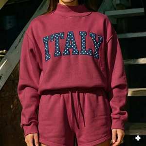 Sweat-shirt à col roulé noir surdimensionné pour femme, avec appliqué lettre Italie, manches longues, en coton tricoté, pour l'automne, col montant - Product Image 2