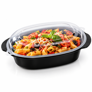 Conteneur alimentaire ovale en plastique transparent avec base noire et couvercle en dôme pour la préparation des repas, les plats à emporter, la livraison de nourriture pour les restaurants - Product Image 1