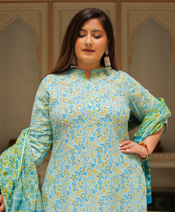 Embroidered Kurti <b>Pant</b> Dupatta Set Cotton Floral Green Mandarin Collar <b>Three</b> <b>Quarter</b> Sleeve Plus Size Women Ethnic Wholesale - Product Image 3