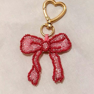 Cute Beaded Bow <b>Keychain</b> Pink Resin Heart Shape Carabiner Charm Valentine'S Day Style BY MULTI CRAFT - Product Image 1