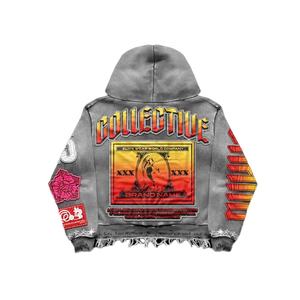 Sweats à capuche courts personnalisables pour hommes lavés à l'acide du fabricant OEM broderie en détresse DTG 100% fermeture éclair en coton - Product Image 6