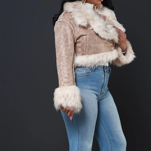 <b>Women's</b> Faux <b>Suede</b> Bomber <b>Jacket</b> With Fur Trim Collar And Cuffs Winter Thick Windproof Short Coat For <b>Women</b> - Product Image 5