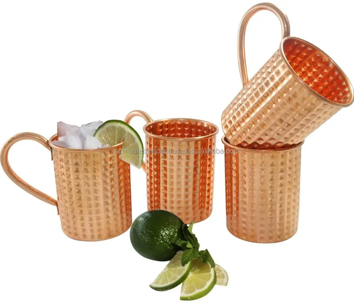 Set di 4 India Craft Pure Copper Cocktail Moscow Mule Mug Diamond Cut Design 475ml/16oz tazza e tazza laccate in rame puro al 100%