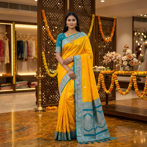 <b>Yellow</b> Banarasi Silk <b>Saree</b> With Blue Zari Border And Blouse For Women Traditional Indian Wedding Wear - Product Image 1
