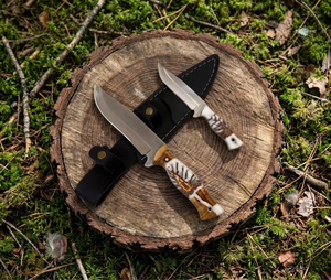Ensemble de couteaux de chasse faits main sur mesure, lames fixes en acier à haute teneur en carbone avec manche en résine de cône de pin, étui en cuir, OEM ODM - Product Image 2