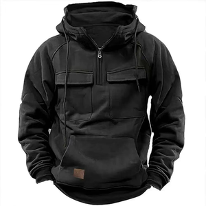 Sudadera con Capucha y Cierre de Cremallera de un Cuarto para Hombre, Color Negro, con Bolsillos, Corte Regular, Estilo Casual para Otoño, Material de Felpa - Product Image 1