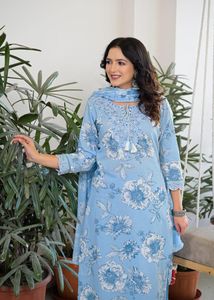 Premium Sky Blue 60x60 Cotton Handwork Suit Set with Floral Print <b>Kurta</b> Matching Pants and Dupatta for <b>Women</b> - Product Image 2