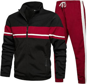 Ensemble de survêtement pour enfants noir et rouge à blocs de couleur, manches longues, fermeture éclair, style vintage, pour l'hiver, avec poches latérales, 100 % coton molletonné à capuche - Product Image 1