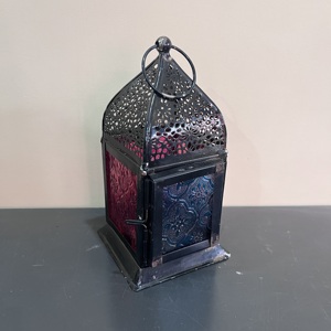 Artisan Design Small Decorative Iron and Color Glass <b>Lantern</b> with Black Finish <b>Mini</b> Home Decoration - Product Image 5