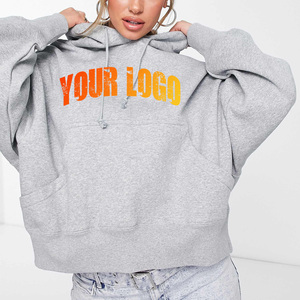 Sweat-shirt à capuche oversize pour femme, gris, en mélange de coton, tricoté, manches longues, avec poches, logo sur le devant, vêtements décontractés d'automne en vente - Product Image 4