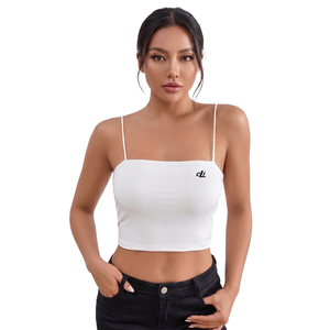 Top Corto de Cuello Cuadrado de Alta Calidad con Marca Personalizada, Camiseta de Mujer con Tirantes Finos, Blusa Elástica de Punto, Ropa Casual de Verano - Product Image 4