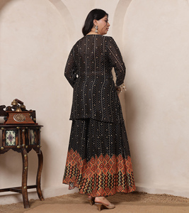 DEEBACO Women's Bandhani Print Pure Viscose Chinnon Full Length Crop Top with Tunic & Sharara Cord <b>Set</b> For Women Fashion Western - Product Image 2