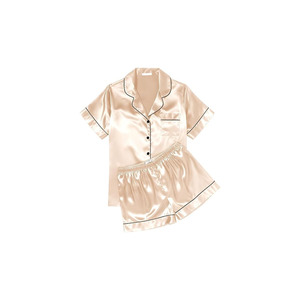 Ensemble de pyjama en satin de soie uni pour femmes, haut et short à manches courtes boutonnés, 2 pièces - Product Image 1