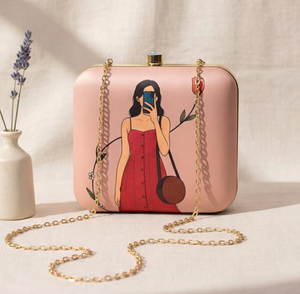 Luxury Peach Portrait Printed Clutch Selfie Girl Design Metal <b>Frame</b> Hard Case with Raw Silk Lining and Crystal Lock - Product Image 3