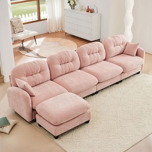 Divano Componibile a L in Legno di Alta Qualità con Tessuto Morbido in Ciniglia, Design Ergonomico Trapuntato e Plissettato per Soggiorno - Product Image 1