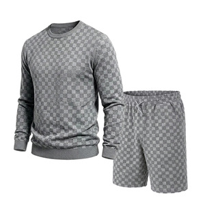 Men's Black Checkered <b>Sweater</b> <b>Set</b> Long Sleeve Top Drawstring <b>Shorts</b> Casual Summer Knitted Sportswear Outfit - Product Image 5