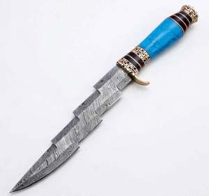 Couteau utilitaire artisanal en acier Damas à lame étagée, manche turquoise, accent en laiton, outil de collection et d'artisanat - Product Image 3