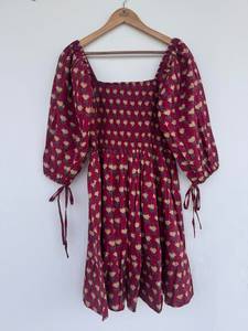Floral Print Boho Maxi <b>Dress</b> Long Sleeves V-neck <b>Ruffle</b> Hem Modern Fit A-Line Natural Sweet Washable Summer Casual Hand Block - Product Image 4
