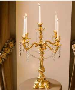 Candélabre de luxe en métal plaqué or à 5 bras avec cristaux, style antique, incassable et durable, pour mariage - Product Image 5