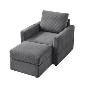 Chaise longue classique en velours côtelé gris, confortable, avec ottoman, pour salon - Product Image 3